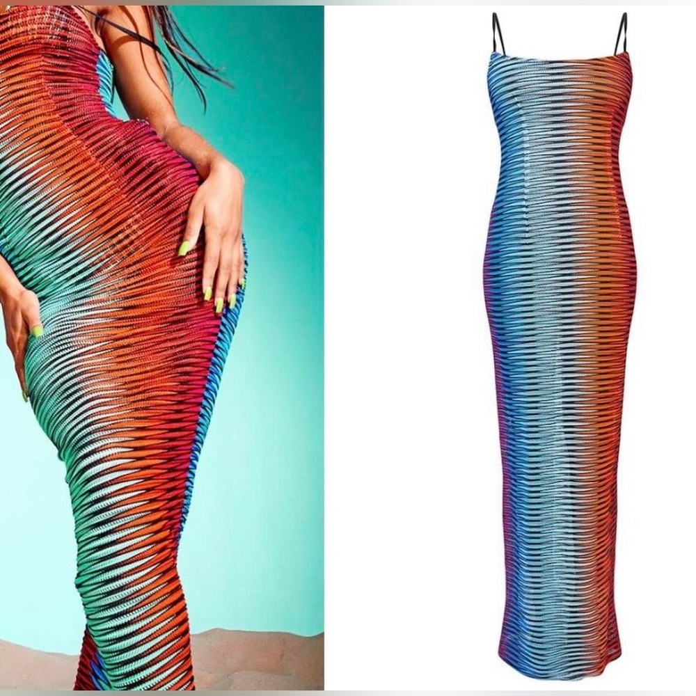 PrettyLittleThing Vibrant Red and Blue Maxi Dress See Through Beach Cover Up.